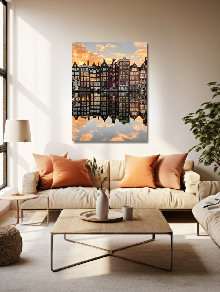 Golden Sunrise Premium Glossy fine art print showing a stunning sunrise over Amsterdam canals with reflections, perfect wall art for home or office décor
