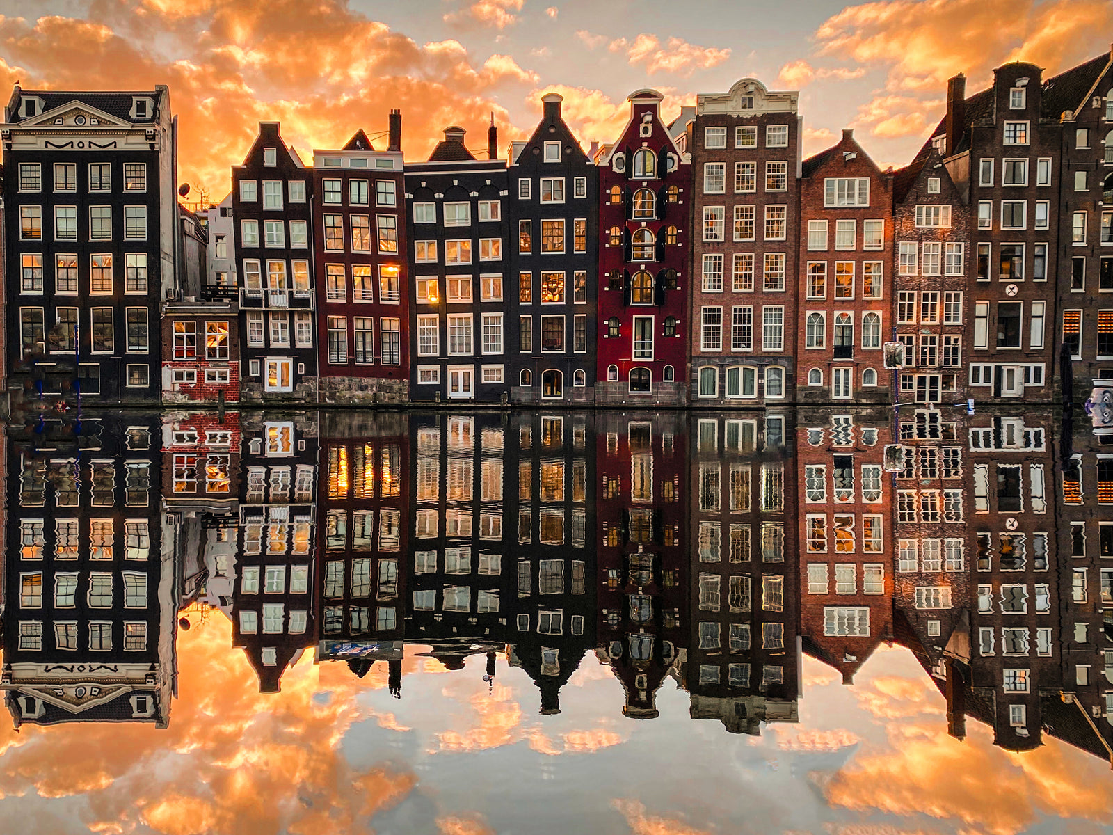 Golden Sunrise Landscape fine art print showing a stunning sunrise over Amsterdam canals with reflections, perfect wall art for home or office décor
